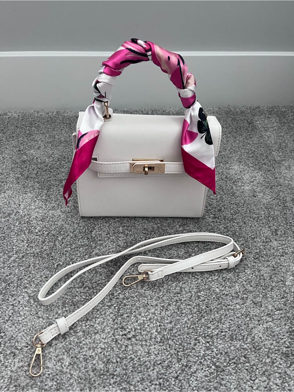 White Structured Top-Handle Bag with Pink Scarf Accent